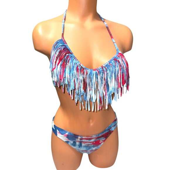 Body Glove Fringe Halter Bikini Set Blue/Red Tie-Dye Print - Picture 6 of 14